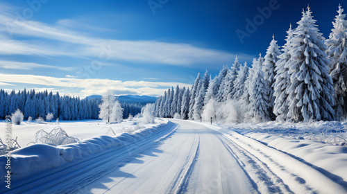 Winter Road Country road leading through a winter mountain landscape - Generative AI © seogi