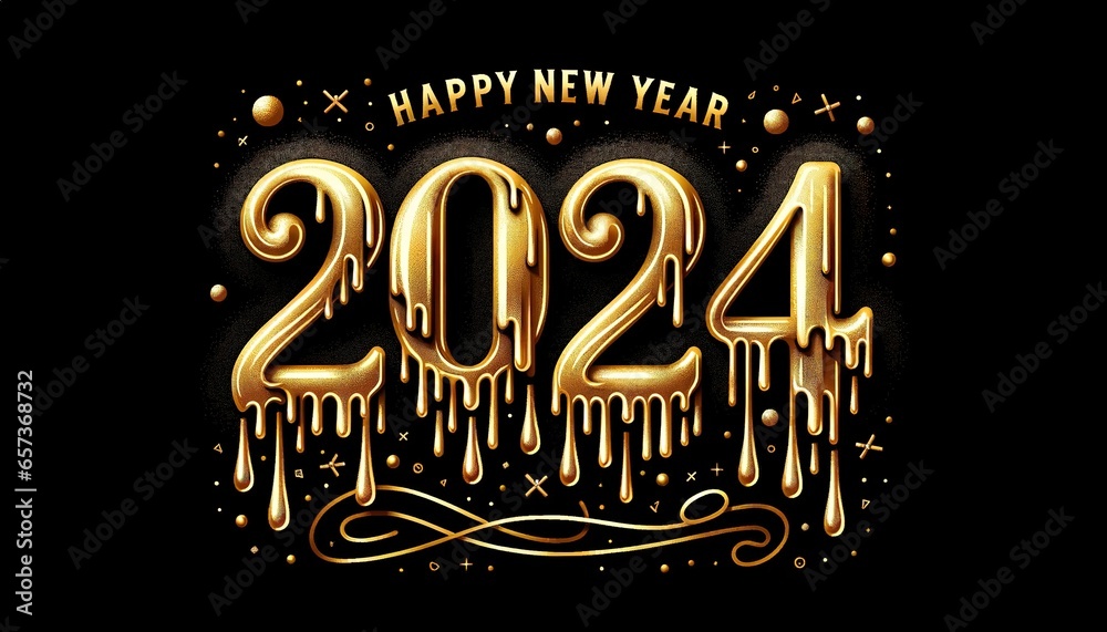Gold Drip Happy New Year 2024 - obrazy, fototapety, plakaty 