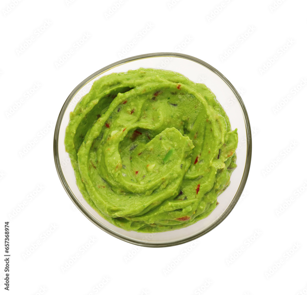 Bowl of delicious guacamole isolated on white, top view