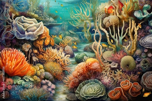 Abstract Coral Reef Art: Vibrant Colors and Varied Textures Bring Underwater World to Life, generative AI © Michael