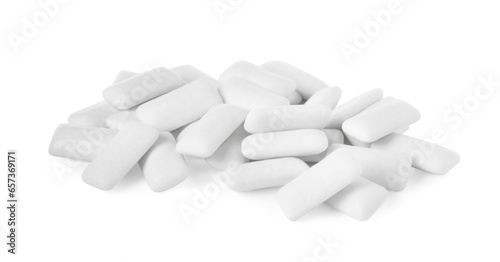 Pile of tasty chewing gums on white background