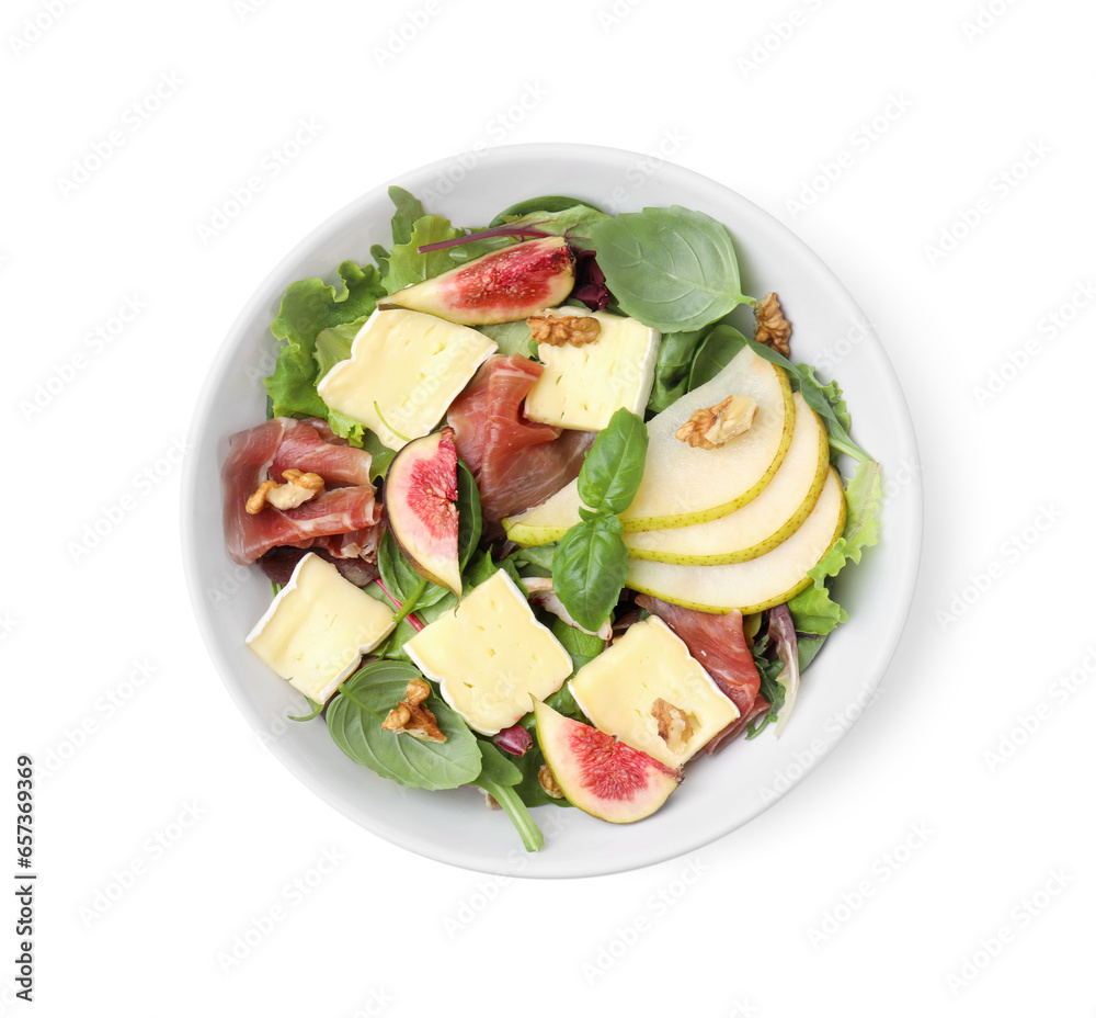 Tasty salad with brie cheese, prosciutto, pear and figs isolated on white, top view Tasty salad with brie cheese, prosciutto, pear and figs isolated on white, top view