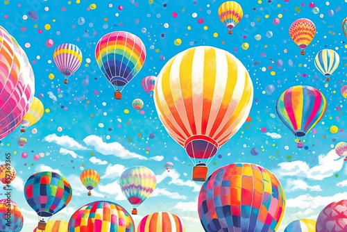 Abstract Rendition of Hot Air Balloon Festival: Vibrant Colorful Splashes in Clear Blue Sky, generative AI