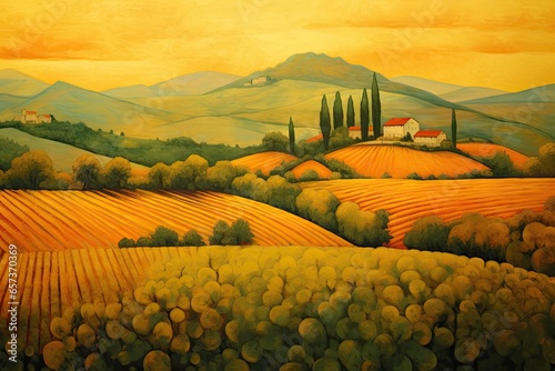 Abstract Visualization of an Idyllic Tuscan Landscape: Warm Yellows and Greens Unveiling Rolling Hills and Vineyards, generative AI