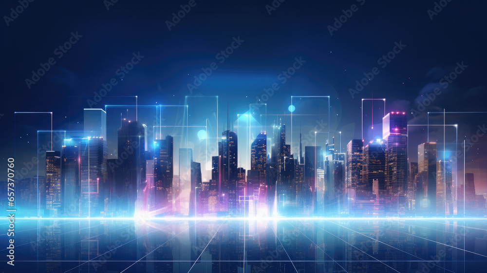 Fototapeta premium cityscape with space and neon light effect. Modern hi-tech, science, futuristic technology concept. Abstract digital high tech city design for banner background