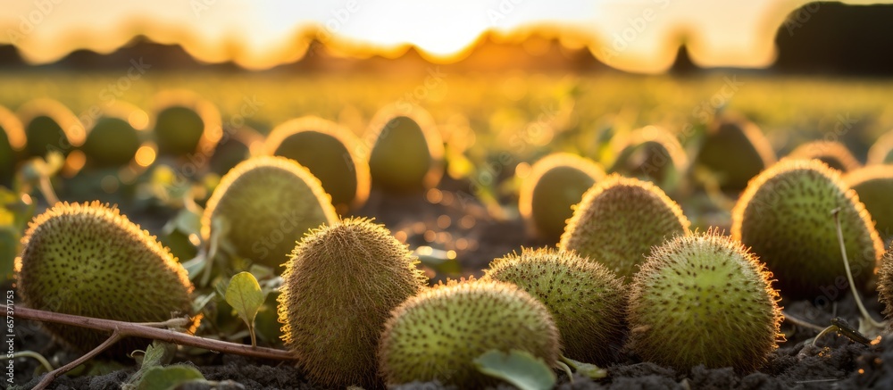 Sunset in the kiwi field reveals ripe fruit in vivid detail With copyspace for text Sunset in the kiwi field reveals ripe fruit in vivid detail With copyspace for text