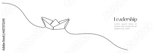 One continuous line drawing of paper boat. Origami ship concept for success leadership of business in simple linear style. Editable stroke design for web banner and card. Doodle Vector illustration