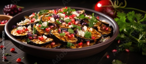 Top view of a tasty Greek eggplant salad with roasted eggplants pomegranate seeds and parsley With copyspace for text