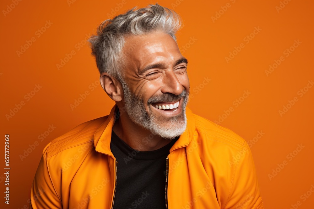 Old handsome man, smiling and laughing, wearing bright clothes, bright solid orange background Old handsome man, smiling and laughing, wearing bright clothes, bright solid orange background