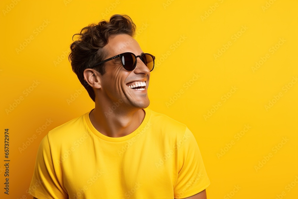 A handsome man, smiling and laughing, wearing yellow clothes and glasses, bright solid yellow background A handsome man, smiling and laughing, wearing yellow clothes and glasses, bright solid yellow background