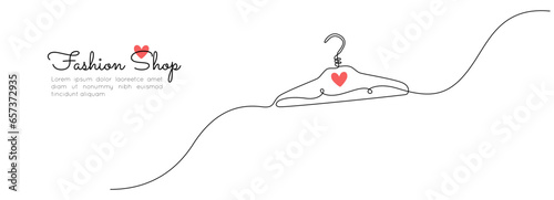 One continuous drawing of hanger sign. Concept symbol for dry cleaning and laundry service in simple linear style. Editable stroke with heart shape for elegance web banner. Doodle vector illustration