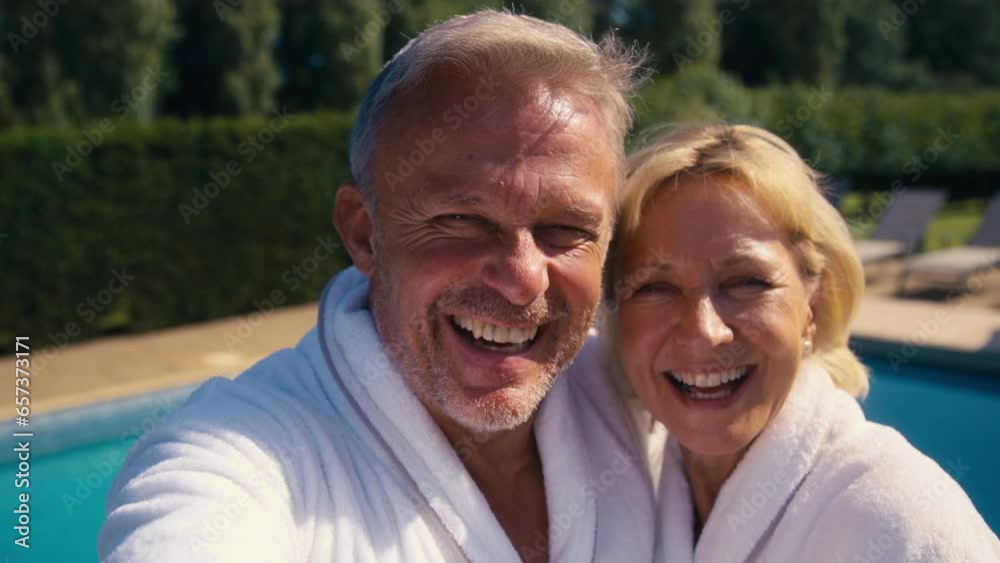 POV shot of senior retired couple wearing robes posing for selfie on mobile phone relaxing by hotel pool on summer spa holiday - shot in slow motion POV shot of senior retired couple wearing robes posing for selfie on mobile phone relaxing by hotel pool on summer spa holiday - shot in slow motion