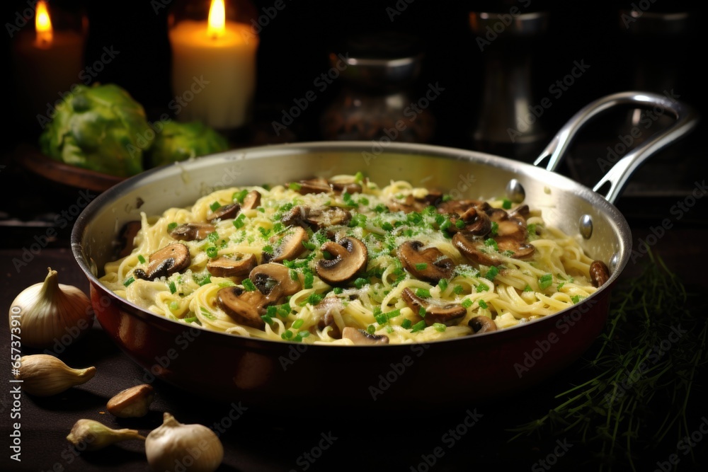 Pasta with mushrooms and leeks