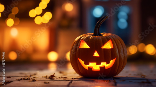 Halloween pumpkin lantern decorating a home entrance
