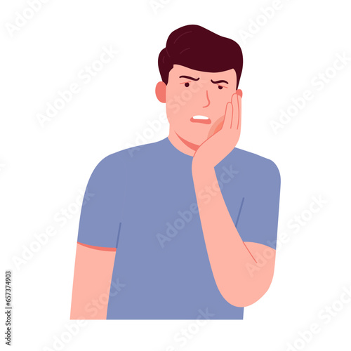 Man with toothache. A boy has tooth decay from inflamed gums. Pain in molars, roots of teeth, cheeks related to teeth. Flat vector illustration isolated on white background 