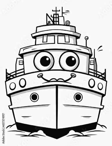 Cute kawaii ship coloring page for kids with saliboat on the waves, Cartoon vector illustration, photo