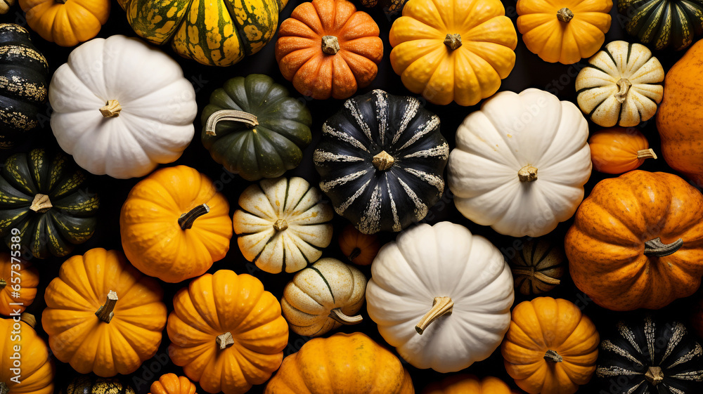 Assortment of orange and green pumpkins Assortment of orange and green pumpkins