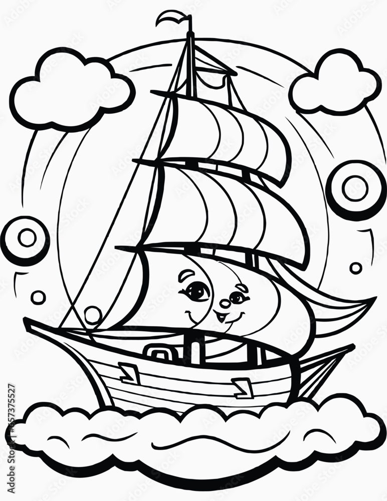 Cute kawaii ship coloring page for kids with saliboat on the waves, Cartoon vector illustration,