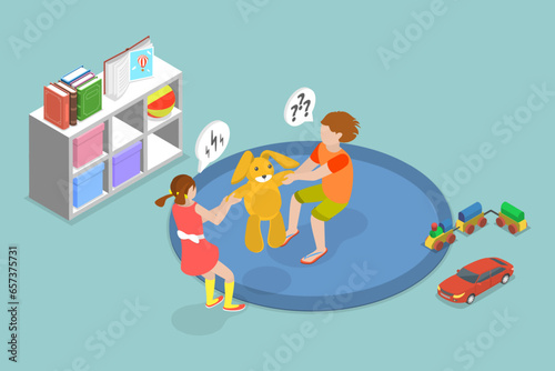 3D Isometric Flat Vector Conceptual Illustration of Fighting Children, Sibling Rivalry