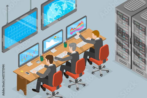 3D Isometric Flat Vector Conceptual Illustration of Space Flight Command, Mission Control Center
