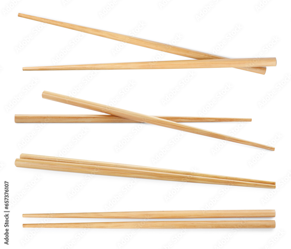 Collage with wooden chopsticks isolated on white Collage with wooden chopsticks isolated on white