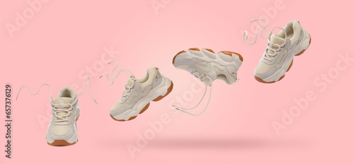 Stylish sneaker in air on pink background, collage design photo