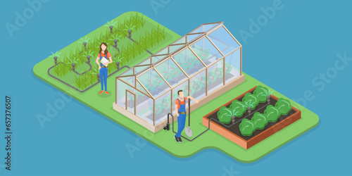 3D Isometric Flat Vector Conceptual Illustration of Drip Irrigation System, Automatic Watering