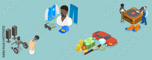 3D Isometric Flat Vector Conceptual Illustration of Rap Music Lifestyle, Street Fashion
