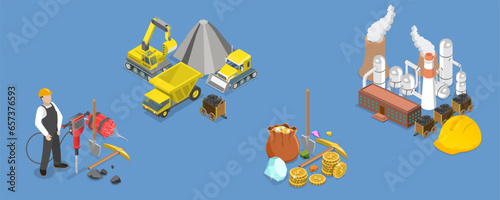 3D Isometric Flat Vector Conceptual Illustration of Mining, Extraction Machinery and Transport