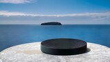 round, black, podium, stone, platform, tranquil, ocean, sea, sky, beach, mountain, island, cloud