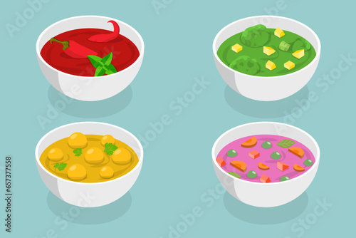 3D Isometric Flat Vector Set of Soup Bowls, Different Types