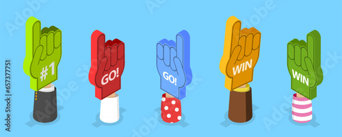 3D Isometric Flat Vector Set of Colorful Foam Hands, Sports Paraphernalia Fun Items