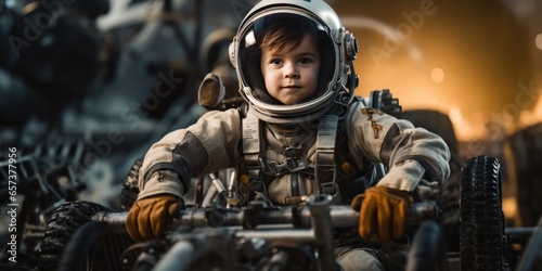 boy is wearing a heavy space suit, piloted the lunar lander, generative AI photo