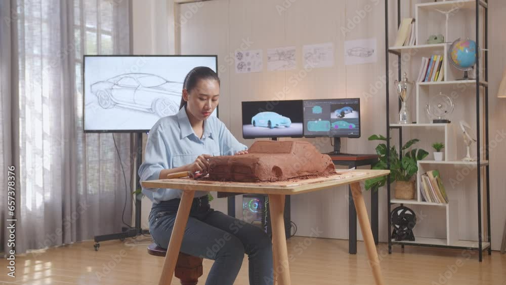Woman Designer Works On The Sculpture Of Car Clay Using Knife To Smooth Out
Woman Designer Works On The Sculpture Of Car Clay Using Knife To Smooth Out
