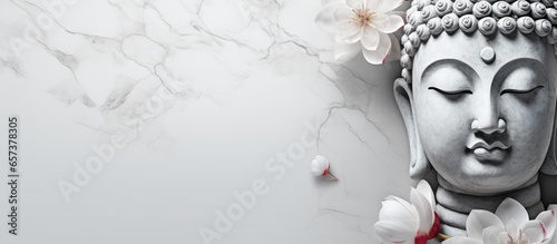 Marble backdrop adorned with Buddha face and blooming flowers