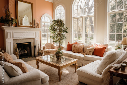Step into a spacious and inviting peach-colored living room, a serene haven of tranquility and bliss, with elegant and chic decor, harmonious ambiance, and abundant natural light.