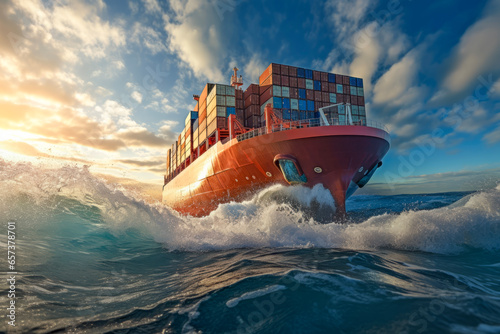 Big container cargo ship overcomes the big waves and sails to the port in the background of sea and beautiful sky. © cwa