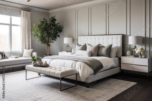 A Tranquil Haven: Sophisticated Gray Color Scheme Transforms this Bedroom into an Elegant and Serene Retreat, Balancing Modern Design and Cozy Minimalist Ambiance.