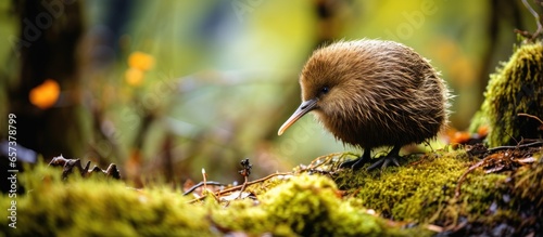 Southern Brown Kiwi a rare wild bird searches for food in the Ulva Island forest the exclusive daytime habitat for Kiwi birds in New Zealand With copyspace for text photo