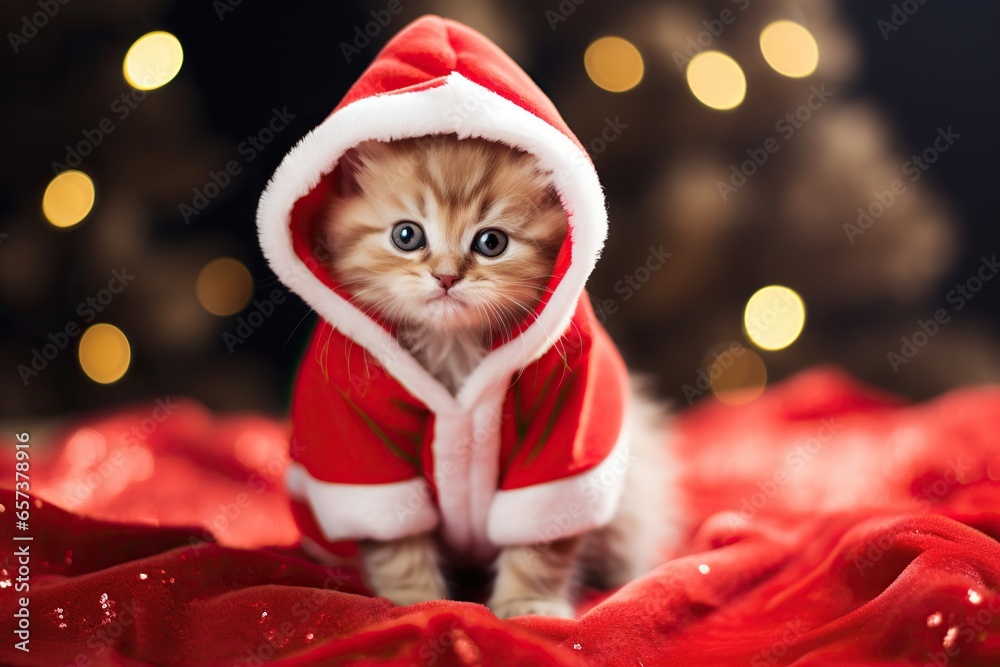 A kitten in a Christmas costume. Cute cat in Santa hat. New Year concept.