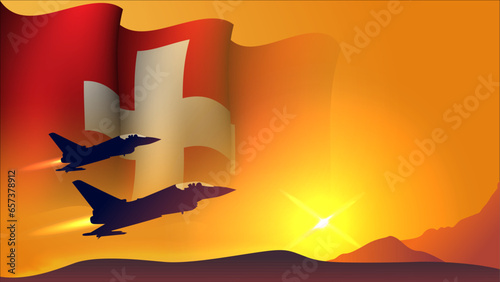 fighter jet plane with switzerland waving flag background design with sunset view suitable for national switzerland air forces day event