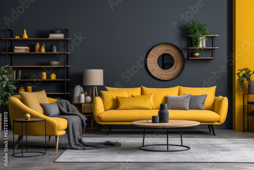 Cozy and modern living room interior with yellow and gray colors, featuring comfortable seating, contemporary furniture, harmonious accents, and stylish decor. © aicandy