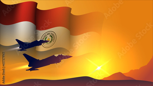 fighter jet plane with paraguay waving flag background design with sunset view suitable for national paraguay air forces day event vector illustration