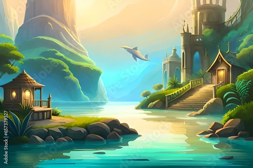 A Beautiful fantasy world Fantasy Stock Image Mystical Castle Dragon's Lair Fairy Tale Kingdom Magic Crystal Caves with beautiful landscape and sun light on the background Ai Generative  