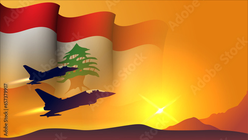 fighter jet plane with lebanon waving flag background design with sunset view suitable for national lebanon air forces day event