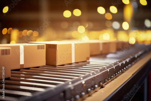 Cardboard box on an automatic conveyor belt moving to the shipping area in the background of a modern factory with bokeh golden lights. Delivery and working distribution concept. © cwa