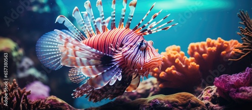 Fototapeta Naklejka Na Ścianę i Meble -  Venomous lionfish underwater photograph Colorful marine wildlife around coral reef With copyspace for text