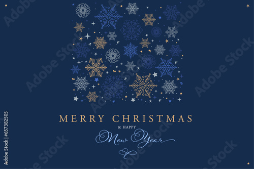 Merry Christmas and Happy New Year banner with stars and snow crystals in four colors  gold  light gray  blue and light blue. Vector graphic resource.