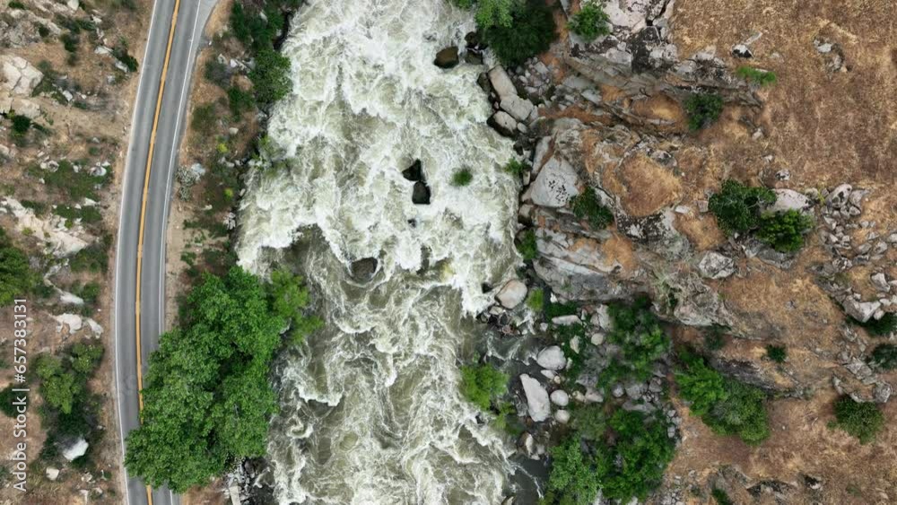 Aerial shot of the Kern River and road in the Southern Sierra Nevada Mountains in California