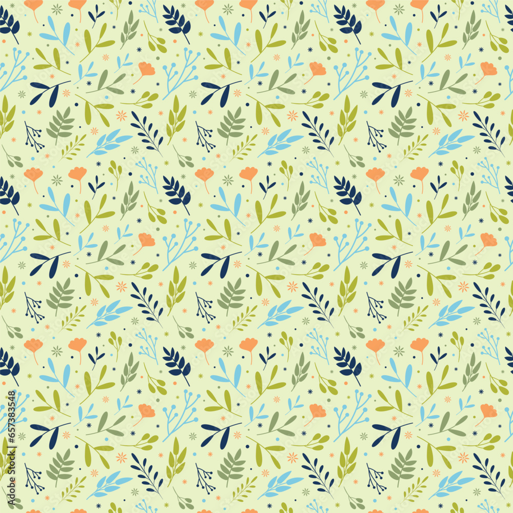 Seamless floral pattern with colorful flowers and leaves in a flat style on a green background. Backgrounds, wallpapers, textile prints designs	
